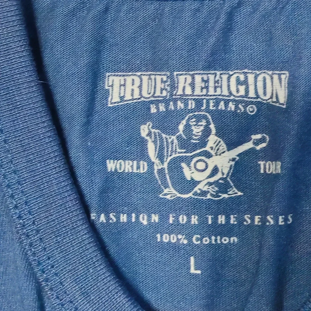 True Religion Graphic T-Shirt Mens Large Blue Logo Short Sleeve Buddha Horseshoe